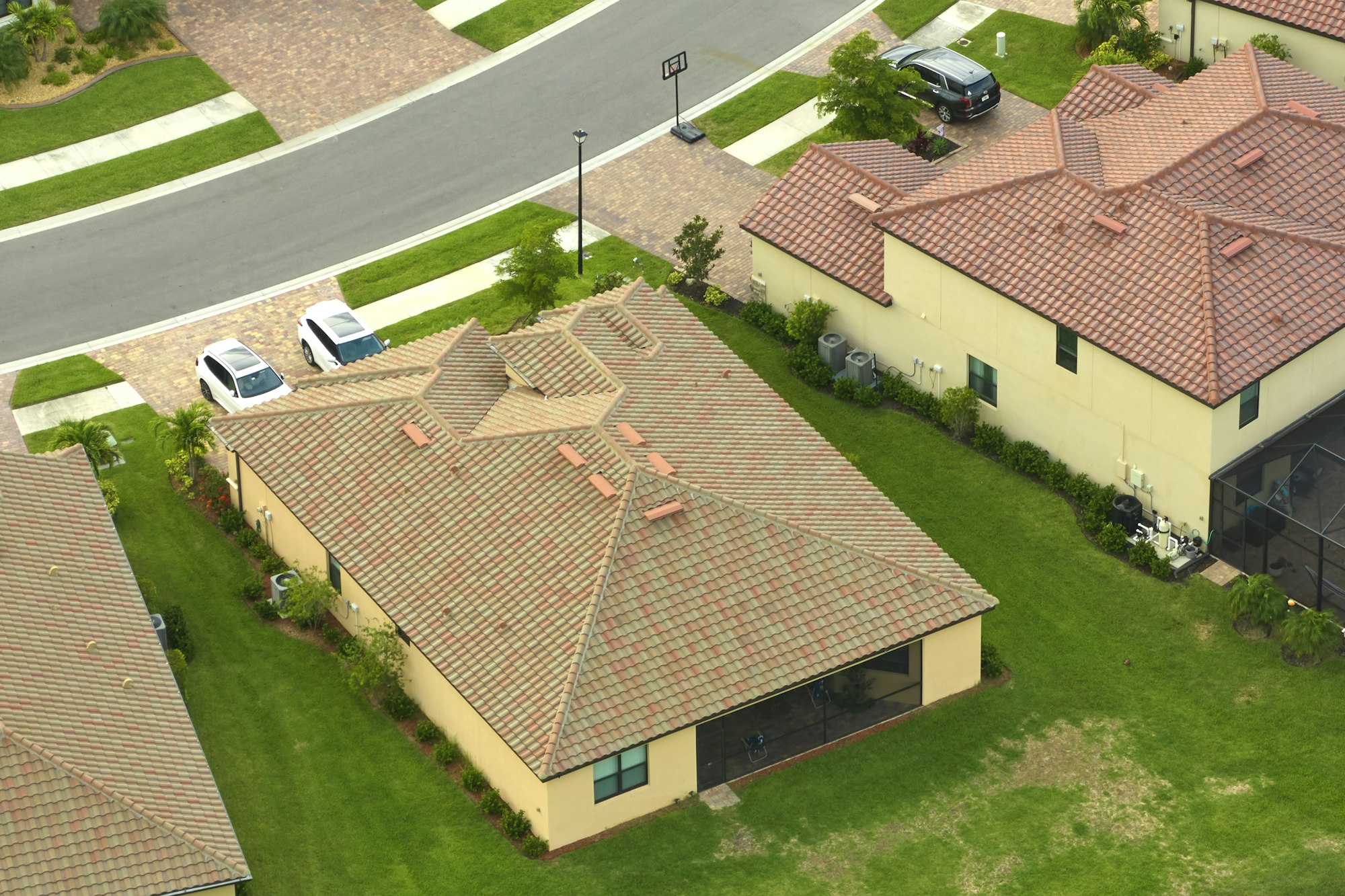 Aerial view of typical contemporary american private house with roof top